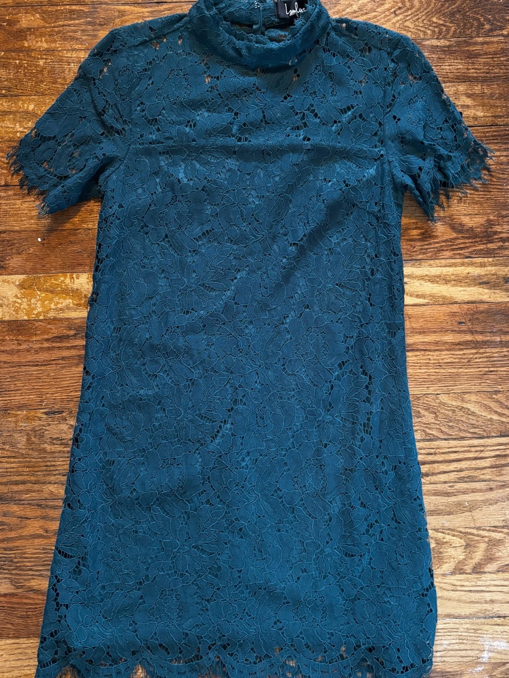 Lulu's Dark Teal Lace High-Neck Mini Dress